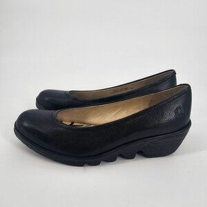 Fly London Black Yaz Leather Slip On Wedge Shoes Size 40/US 9-9.5 Ballet EUC